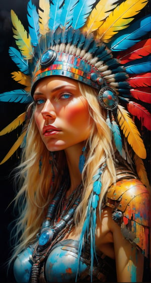 Please create a masterpiece,  stunning beauty,  angry expression, perfect face,  blonde hair, light_blue_eyes, epic love,  Slave to the machine,  full-body,  hyper-realistic oil painting,  vibrant colors,  native american war bonnet,  biopunk,  cyborg by Peter Gric,  Hans Ruedi Giger,  Marco Mazzoni,  dystopic,  golden light,  perfect composition,  multiple colours dripping paint,  