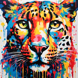 Leopard, multiple colours dripping paint, blood dripping from teeth, Colourful cat 