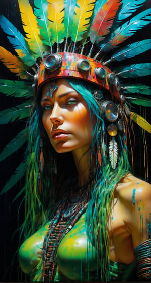 Please create a masterpiece,  stunning beauty,  perfect face, green eyes, epic love,  Slave to the machine,  full-body,  hyper-realistic oil painting,  vibrant colors,  Body horror,  wires,   ,  native american war bonnet,  biopunk,  cyborg by Peter Gric,  Hans Ruedi Giger,  Marco Mazzoni,  dystopic,  golden light,  perfect composition,  multiple colours dripping paint,  