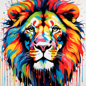 Lion, snarling, multiple colours dripping paint, blood dripping from teeth, Colourful cat 