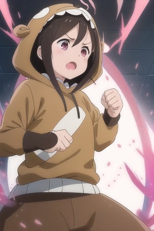  aura, electricity,  Ki Charge, aura, (fighting stance:1.2), yellow aura, looking down, fist, open mouth, stage, upper body, serious, from below, backlighting, masterpiece, best quality, highres, nice hands, perfect hands, ,Natsumi_Suga,hitori_bocchi, dark brown hair, pink eyes, hooded bear costume,
