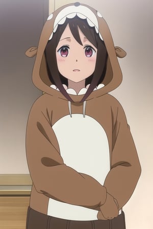 8k uhd, masterpiece, best quality, high quality, masterpiece, perfect anatomy, perfect bodyhitori_bocchi, dark brown hair, pink eyes, hooded bear costume, blush, :), looking_at_viewer