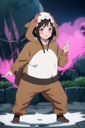 8k uhd, masterpiece, best quality, high quality, masterpiece, perfect anatomy, perfect bodyhitori_bocchi, dark brown hair, pink eyes, hooded bear costume, blush, :), looking_at_viewer,Ki Charge, aura, fighting stance,  blue, 

