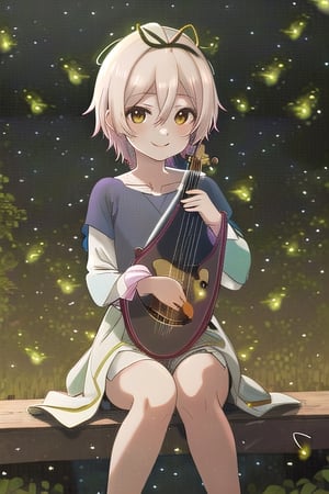 (masterpiece, best quality, highres:1.3), lute,cute face, musical, harp, (music notes floating in the ar), fantasy, harmony, melody, soft, night time, (fireflies:1.3), (serene background:1.3), vivid color, sitting, (magical, musical aura:1.3), smile softly, forest, leaf, bird on head, nature, sitting, looking at viewer, Sella_fk, long hair, hair between eyes, hair over shoulder,