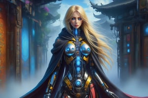 1 girl, sweatshirt hood, half robot, with a cloak, Highly detailed robot body, High detailed, broken sword, pray, beatiful body, long blonde hair, High detailed, Color magic, Saturated colors, cyborg style, fog in the background, DonMM4g1cXL 