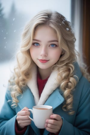  1 girl, long blonde hair curls, small smile, ice blue eyes, red cheeks, winter outfit and coat, evening outdoor, snowing, looks out the foggy window, cup of tea in your hands, white cat, atmosphere lighting, christmas mood, 50mm, f5,6 