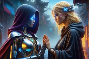 1 girl, sweatshirt hood, half robot, with a cloak, Highly detailed robot body, High detailed, broken sword, pray, beatiful body, long blonde hair, High detailed, Color magic, Saturated colors, cyborg style, fog in the background, DonMM4g1cXL 