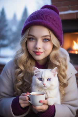  1 girl, long blonde hair curls, small smile, bright purple eyes, red cheeks, hair cap, winter outfit and coat, evening outdoor, sitting near the fireplace, cup of hot tea in your hands, white cat, atmosphere lighting, fogged window, christmas mood, 50mm, f5,6 