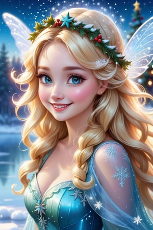 1 fairy girl, long blonde hair curls, small smile, hair cap, beautiful wings, detailed wings, magic dust falling from wings, frozen lake, christmas mood, 