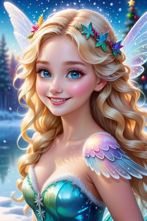 1 fairy girl, long blonde hair curls, small smile, detailed skin, colorfull eyes, beautiful wings, detailed wings, magic dust falling from wings, frozen lake, christmas mood, 