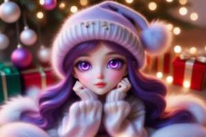 Magic fairy, super realistic electric purple eyes, tears falling from the eyes, Christmas mood, wool cap, furry sweatshirt, elegant transparent skirt, legs crossed