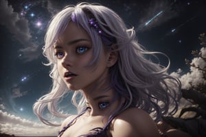 masterpiece, best quality, illustration, stars in the eyes,dishevelled hair,Starry sky adorns hair,1 girl,sparkling anime eyes,beautiful detailed eyes, beautiful detailed stars,blighting stars,emerging dark purple across with white hair,multicolored hair,beautiful detailed eyes,beautiful detailed sky, beautiful detailed water, cinematic lighting, dramatic angle,