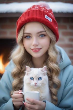  1 girl, long blonde hair curls, small smile, ice blue eyes, red cheeks, hair cap, winter outfit and coat, evening outdoor, snowing, sitting near the fireplace, cup of tea in your hands, white cat, atmosphere lighting, christmas mood, 50mm, f5,6 