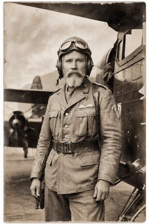 Create an image of an old military old sepia photo realistic of an biomechanical bearded with f-16 helmet retro style, f-16 pilot retro styled military, f-16 pilot from World War I. The vintage bearded F-16 pilot should be depicted in a sepia-toned, vintage style, reminiscent of early 20th-century photography. He should be wearing an authentic WWI aviator uniform in leather and art deco metal, complete with a leather flight jacket, Biomechanical goggles resting on his forehead, and a pilot’s cap. His face should show long grey beard and the ruggedness and determination of a seasoned pilot, with slight wrinkles and a stern expression. The background should feature an airfield with biplanes, some parked and others in the sky, with a dramatic, cloudy sky overhead. The overall atmosphere should evoke a sense of history and heroism, capturing the era's filmic, gritty realism.,photorealistic