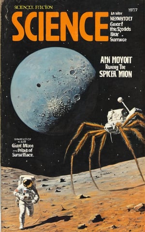 1970s science fiction MAGAZINE, 
AN ASTRONAUT running past a giant spider on the surface of the Moon.