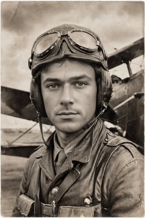 Create an image of an old military pilot from World War I. The pilot should be depicted in a sepia-toned, vintage style, reminiscent of early 20th-century photography. He should be wearing an authentic WWI aviator uniform, complete with a leather flight jacket, goggles resting on his forehead, and a pilot’s cap. His face should show the ruggedness and determination of a seasoned pilot, with slight wrinkles and a stern expression. The background should feature an airfield with biplanes, some parked and others in the sky, with a dramatic, cloudy sky overhead. The overall atmosphere should evoke a sense of history and heroism, capturing the era's filmic, gritty realism.,photorealistic