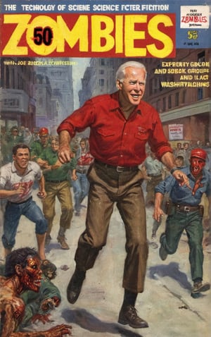 (Cover with BIG title of technology and science fiction and terror magazine from the 50's,) ((President Joe Biden, escaping from a group of Zombies wearing red baseball caps, The zombies use red baseball caps,  on a street in Washington. The streets are desolate and apocalyptic)),VintageMagStyle