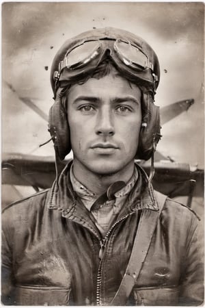 Create an image of an old military pilot from World War I. The pilot should be depicted in a sepia-toned, vintage style, reminiscent of early 20th-century photography. He should be wearing an authentic WWI aviator uniform, complete with a leather flight jacket, goggles resting on his forehead, and a pilot’s cap. His face should show the ruggedness and determination of a seasoned pilot, with slight wrinkles and a stern expression. The background should feature an airfield with biplanes, some parked and others in the sky, with a dramatic, cloudy sky overhead. The overall atmosphere should evoke a sense of history and heroism, capturing the era's filmic, gritty realism.