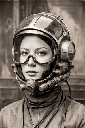 (masterpiece),(ultra realistic), (Highly detailed), (Create and old sepia photo realistic of an biomechanical f-16 pilot retro styled militaryu pilot with all front face and head made of very transluscent and rusty metal with intricate mechanical rusty black pieces on the face, many lines of black metal decorate in art deco style her mask and face and body:1.5), without mouth, black metal pilot helmet with intrincade art deco decorations and black retro rounded glasses, on background a big hall of a retro futuristic black and metal buiding in art deco style of 30's, noir sci fi movie, retro futurism, many rusty black metal, rusty metal, glass and luxurious, cinematic illumination, 