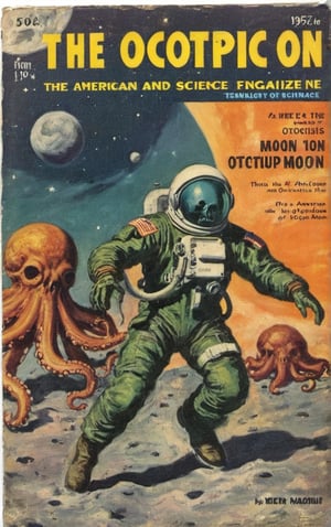 (Cover with BIG title of technology and science fiction magazine from the 50's,) ((
An American astronaut in a 1950s suit flees from a group of octopuses with hair on their tentacles and skull heads on the surface of the moon)),VintageMagStyle