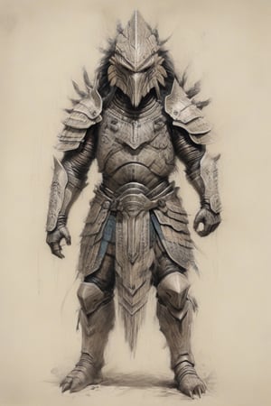 Sketch of yautja Predator full body with ancient samurái armor, portrait by Sam Spratt, pastel drawing, illustrative art, soft lighting, extreme detailed, more gray scale, elegant, low contrast, add soft blur with thin line,
