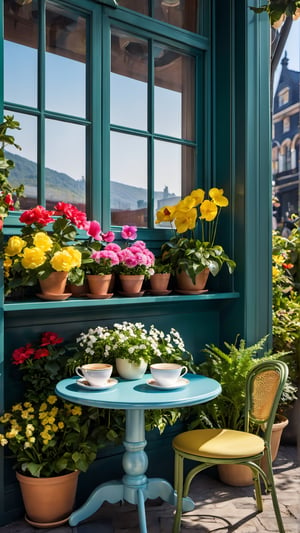 flower, outdoors, day, indoors, tree, cup, no humans, window, chair, table, plant, scenery, teacup, potted plant, cafe