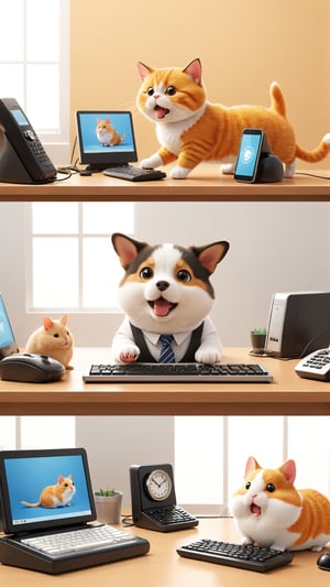 Office Pet Peeves: A triptych showing a cat, a dog, and a hamster each working in an office. The first panel has the cat lazily sprawled on the keyboard, the second panel shows the dog enthusiastically barking at the phone, and the third panel features the hamster running on a tiny wheel instead of doing any work. Affix "VS" digital watermark., 3d render, photo, illustration, typography