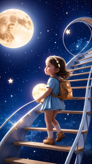 una niña de perfil subiendo una escalera de madera con una mochila llena de estrellas brillando, intenta atrapar la luna con sus manos, la luna ilumina su rostro, fondo del espacio, estilo cinematográfico realista