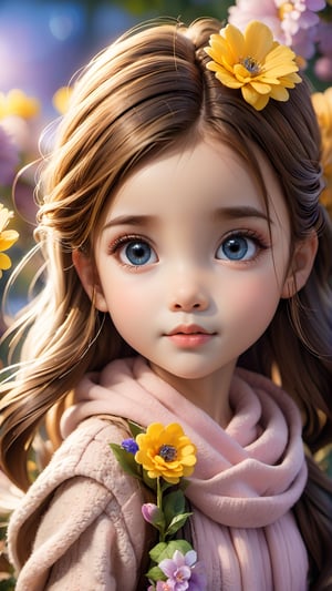 flowers blooming bokeh as background, illustration, wood, fairies, adorable and beautiful eyes little girl, perfect face, full body, the background will need to be removed so high contrast is needed amongst the elements that make up the image, depth of field.