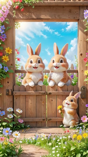 Two cute fluffy little fuzzy rabbits katching the fence wooden door, smile and happy, flowers blooming fantastic, wild flowers bloom around the fence and garden, beautiful and fantastic and dreamy, dreamy romantic scene style, depth of field.