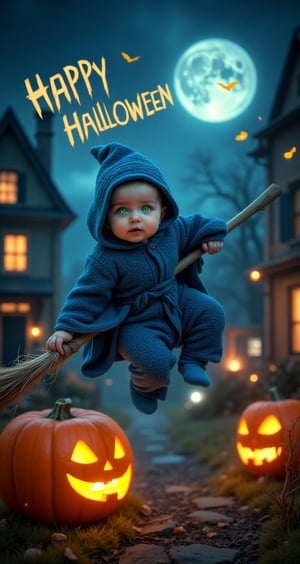 A cute baby in blue robes and a witch hat, flying on a broom, full-body portrait, with a moonlit background and houses decorated for Halloween. The words "HAPPY HALLOWEEN" are written above the picture in yellow letters. Green glowing eyes of witches in an orange light. A large pumpkin at night with an open mouth and shining teeth. In the sky, there's a big white half-moon. High resolution.