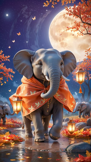 A mesmerizing 3D render and painting illustration of a majestic elephant gracefully walking under the glow of a full moon. The elephant's skin shimmers gently, and it tenderly carries two small children on its back. The kids are wrapped in warm, hooded cloaks and hold lanterns that bathe the scene in a soft, inviting light. Surrounding the elephant are vibrant autumn leaves that create a serene, magical atmosphere. Delicate butterflies flutter around, adding to the enchanting ambiance., painting, 3d render, illustration