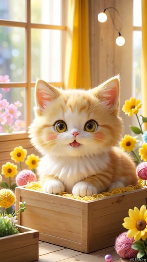 Pixar anime movie scene style, realistic high quality animal photography, A yellow adorable cute fluffy beautiful eyes so charming kitten behind in the wooden box, looking outside and The curious expression is so cute, closed mouth smile and enjoy, colours Ball of yarnnear the box.flowers bloom bokeh and lights soft and curtain and window as background, depth of field.