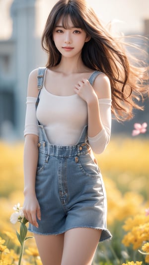 background is flower field,grass field,horizon,wind blowing,petals blowing,16 yo, 1 girl, beautiful girl,smile,
wearing denim overalls skirt,long socks,standing on flower field,holding buquet, cowboy shot,very_long_hair, hair past hip, bangs, curly hair, realhands, masterpiece, Best Quality, 16k, photorealistic, ultra-detailed, finely detailed, high resolution, perfect dynamic composition, beautiful detailed eyes, ((nervous and embarrassed)), sharp-focus, full body shot,pink flower,flower