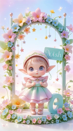 Flowers bloom Scenes, On a completely white background, a cute kawai style baby of an elf girl with big eyes, underneath a sign written "Wish". A tranquil dreamscape, displayed in delicate pastels colors, each tone harmonizing to create an ethereal and abstract symphony. Excellent representation. Magnificent image, ultra-detailed and hyper-realistic masterpiece, 4D, high quality portrait photography 