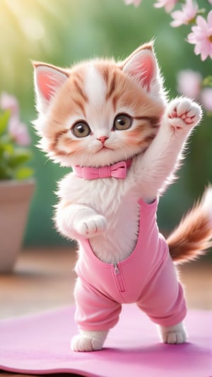 Flowers blooming, an adorable kitten wearing pink yoga suits in yoga pose,doing a yoga on yoga mat,photo real,classic composition,masterpiece,exquisite,color correction,amazing visual effects,crazy details,Hold your hands on the ground and do a handstand,intricate details,sharp focus,HD, flowers blooming fantastic amazing and bokeh background, depth of field 