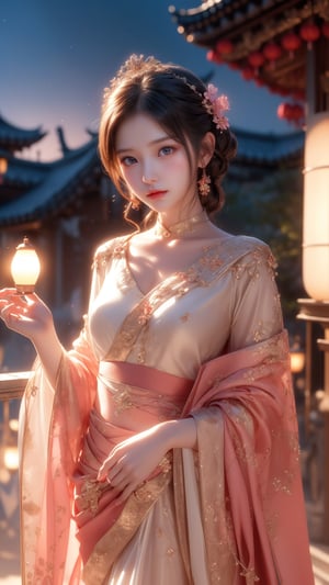 Pixar anime movie scene style, perfect face, Chinese house style, in the night, A beautiful and cute little girl with beautiful eyes is standing on the railing. 16 years old beautiful eyes so charming girl holding lantern on the balcony, in the style of charming anime characters, 32k uhd, Pixar movie scene style, realistic high quality portrait photography, timeless beauty, The lantern lamp behind her are emitting soft light. She is beautiful and dreamy. flowers blooming and lighting bokeh as background.