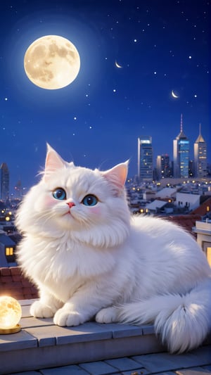 A serene and dreamy of a beautiful eyes so charming adorable little fuzzy long hair persian white cat gazing at the moon while lying on a rooftop. enjoy, In the background the city skyline is beautifully lit, with a crescent moon shining in the night sky. The cat's fur glows slightly, reflecting the soft moonlight. There's a sense of calm smiling.