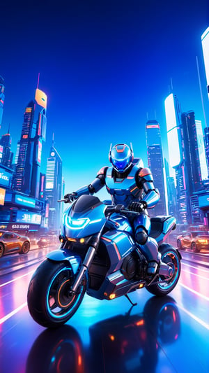 A photograph of a futuristic robot, sleek metallic body with glowing blue accents, riding a high-tech motorcycle, near the center of a bustling city at night. The cityscape includes towering skyscrapers with neon signs. The bright city lights create dynamic reflections on the robot and bike. Created Using: HDR camera, cyberpunk art movement, neon lighting, wide-angle lens, glossy finish, digital painting techniques, dramatic shadows, lens flares, hd quality, natural look