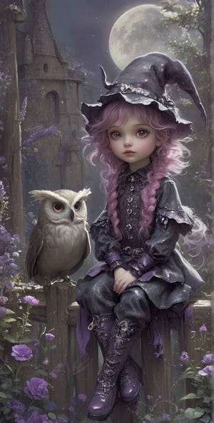 A whimsical, gothic, and kawaii style art scene featuring a cute little girl with messy long hair sitting on the fence with her fluffy owl beside her. She wears a top hat, styled by Artgerm, leather pants, buckled boots. The color palette includes purples, pinks, blacks, green and lavenders, with touches of white. She has marbled lipstick. The setting is magical and enchanting, like a moonlit forest or mystical castle, reminiscent of Anton Semenov's work. Fantastic amazing, Cute and enjoy 