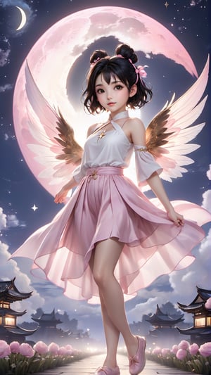 1girl, solo, looking at viewer, short hair, black hair, twintails, brown eyes, full body, parted lips, Pink and white, wings, sky, barefoot, star \(symbol\), blurry, black eyes, double bun, night, moon, outstretched arms, child, night sky, full moon, hair rings, flying, fairy wings, fairy, architecture, east asian architecture