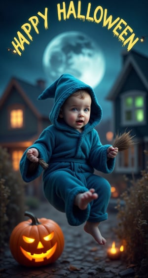 A cute baby in blue robes and a witch hat, flying on a broom, full-body portrait, with a moonlit background and houses decorated for Halloween. The words "HAPPY HALLOWEEN" are written above the picture in yellow letters. Green glowing eyes of witches in an orange light. A large pumpkin at night with an open mouth and shining teeth. In the sky, there's a big white half-moon. High resolution.