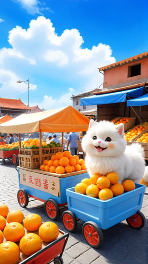 Blue sky beautiful clouds, photography, street  market scenery , a cute fluffy little fuzzy pet stand next to a cart, smiling and enjoying,sell oranges