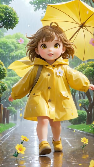 Pixar anime movie scene style,The typhoon is coming.The sky is clouded over, A beautiful eyes so charming and light brown hair adorable cute little girl is wearing a yellow raincoat and walking on the street in the wind and rain. The wind and rain are heavy, and the flowers and trees are bent by the wind and rain.Trees bent by the wind by the roadside as background.