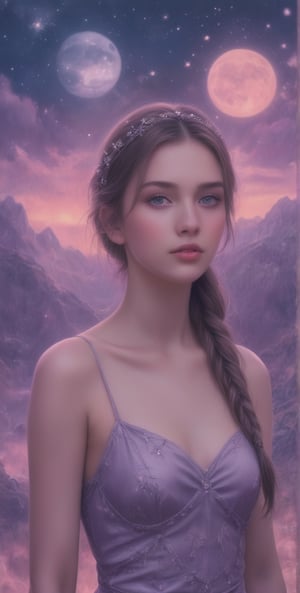 A beautiful girl with long hair in an ancient Greek dress stands on the background of mountains and purple neon lights, blue moonlight, light painting, fantasy art style, colorful costumes, mysterious portrait, fantasy realism, dreamy atmosphere, detailed facial features, fluorescent colors, soft focus, bokeh, pink moon at night sky. In front there is a headdress made from silver beads, a large sapphire necklace around her neck, and small gemstones woven into it. The woman's eyes were closed