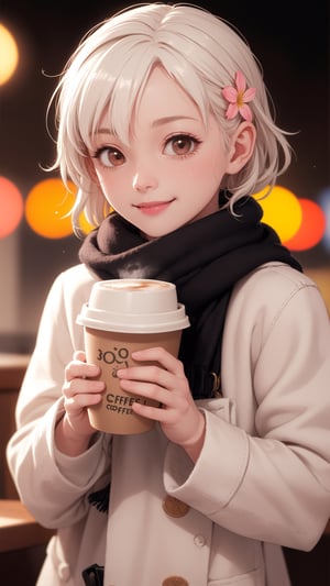 The cute world of wool felt,  a cute little girl wearing colorful and white fluffy coat and scarf is drinking hot coffee in a coffee shop,  very beautiful,  enjoying the coffee,  smiling slightly,  realistic super details,  soft focus,  chibi,  tilt-shift,  super lighting,  volume,  Jon Klassen,  focus,  80mm lens,  wide aperture,  light colors,  flower bloom and lights bokeh background,  8k HD