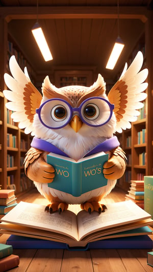 A vibrant 3D render of a wise-looking owl librarian, wearing tiny glasses and intently flipping through a massive book titled 'Whoo’s Who in Literature.' The owl's wings are gracefully organizing books on the shelves behind it. The background features a warm, inviting library atmosphere, with soft lighting that emphasizes the owl's presence. The caption, 'Knowledge is a Hoot!' is displayed prominently in a playful, whimsical typography., typography, 3d render, vibrant