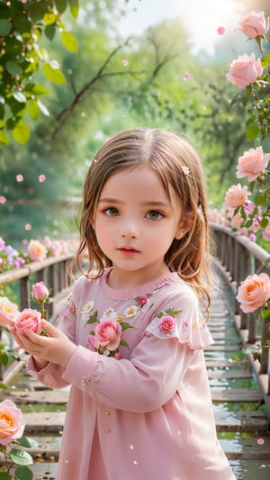 generate 3d image of rose falling from the hands of four year old girl standing in a wired bridge, perfect face and beautiful eyes and the best quality portrait photography, flowers bloom bokeh background, beautiful and fantastic and dreamy, dreamy romantic scene style, depth of field.