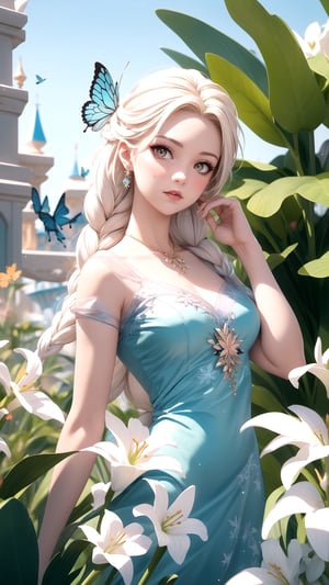 Real-life Elsa from Frozen travels the world as a social media influencer and showcases her Disneyland experiences on the lavish floral Versailles balcony Elsa's eye makeup from Disney's Frozen 》, in a Christmas paradise surrounded by magic butterflies 🦋 ✨ Colorful lights hanging on the lily of the valley, photo style - realistic techniques, kawaii aesthetics, cute and colorful, colorful garden, colorful, naturecore, realistic use of light and color