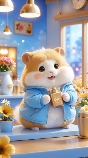 Side view shot, Pixar anime movie scene style, realistic high quality, flowers bloom scene,render style, Café, a cute beautiful eyes so charming little fuzzy golden white fat hamster, wearing light blue jacket standing on the caffee shop desk holding a perfume coffee, smile and enjoy the coffee perfume so happiness flowers bloom and lighting bokeh background, depth of field